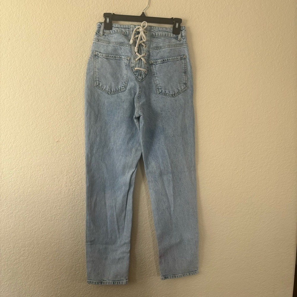 Boohoo Lace Up Back Mom Jeans Womens 4 Light Wash High Rise Corset Detail